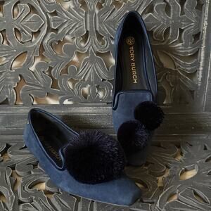 Tory Burch Pompom Smoking Flat Loafers Shoes Satin Blue Women's 7.5M
